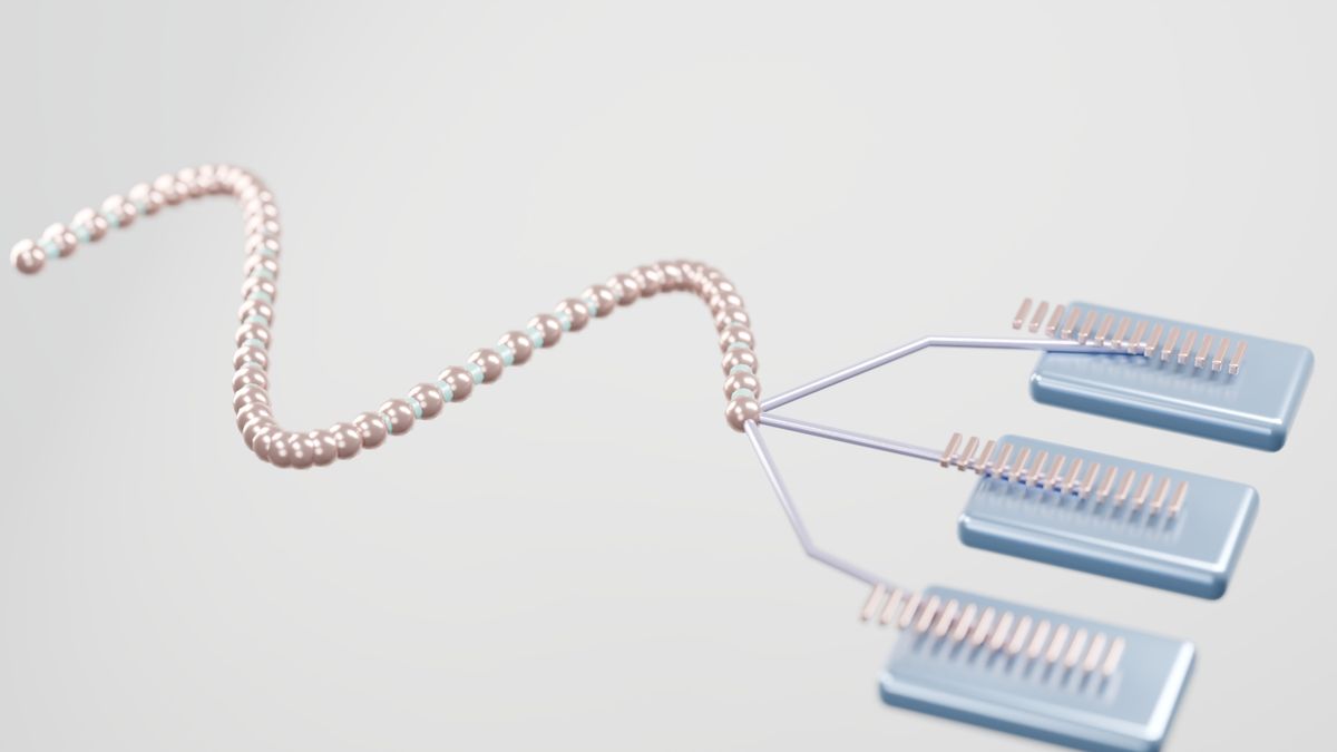 Abstract 3D render of a beaded chain-like network node connecting to three panel structures on a plain light grey background.