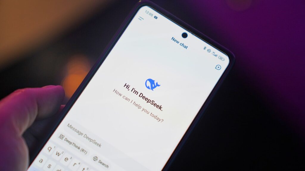 Customer asking an AI assistant to recommend a local business on a smartphone