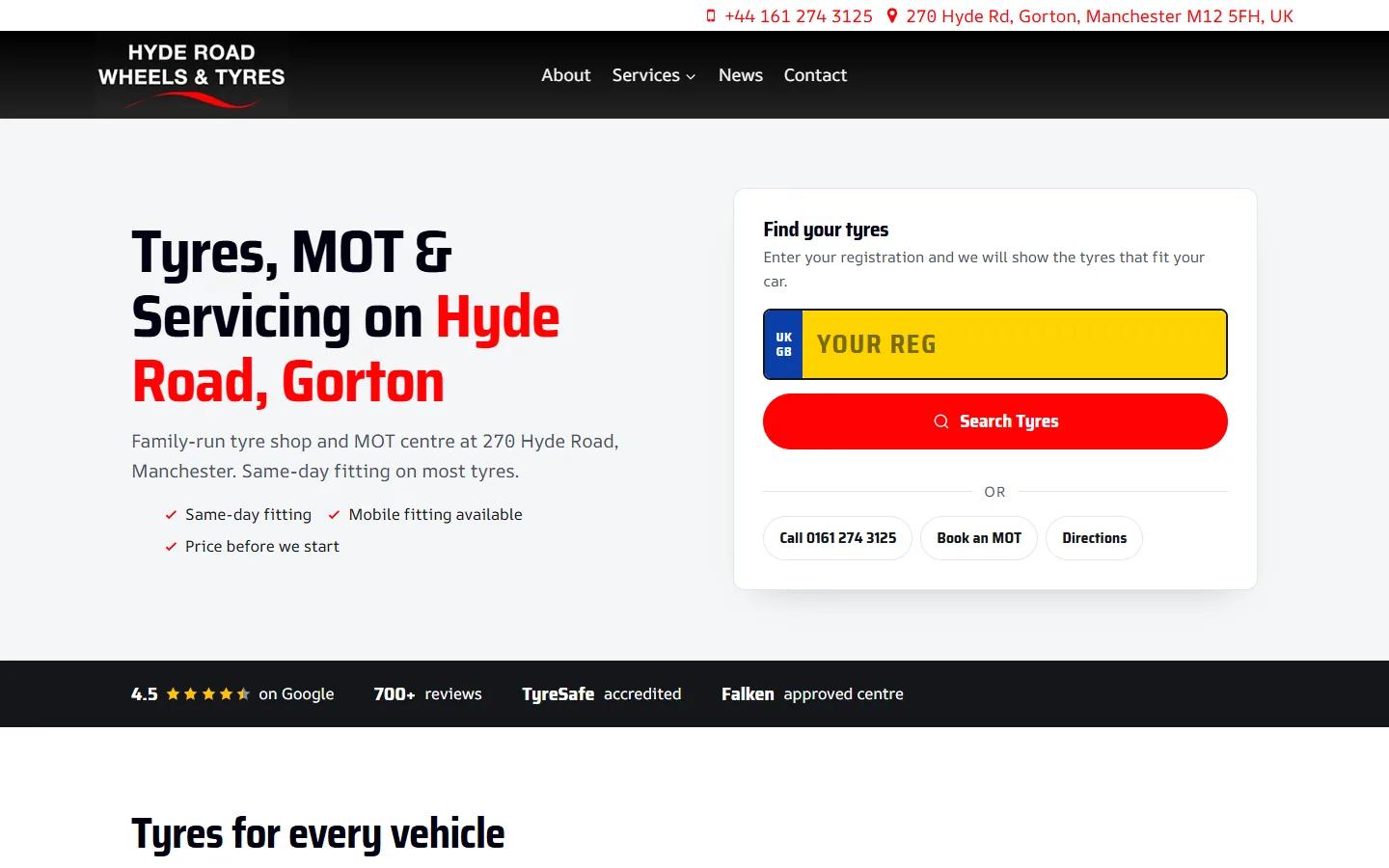 Homepage of the Hyde Road Wheels and Tyres website, with a registration-number tyre search and the headline Tyres, MOT and Servicing on Hyde Road, Gorton