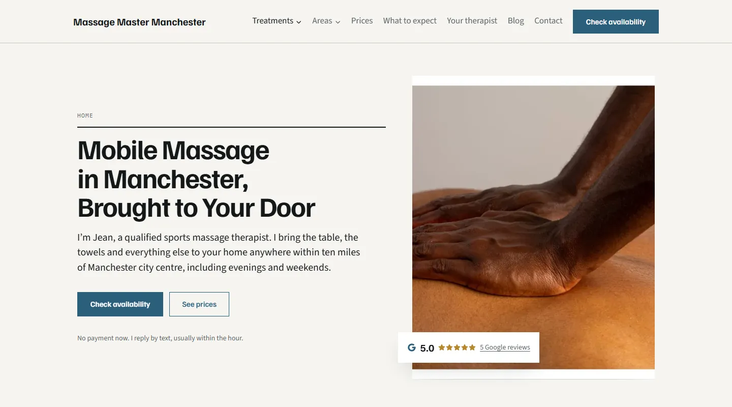 Homepage of the Massage Master Manchester website, with the headline Mobile Massage in Manchester, Brought to Your Door and a photograph of a massage in progress