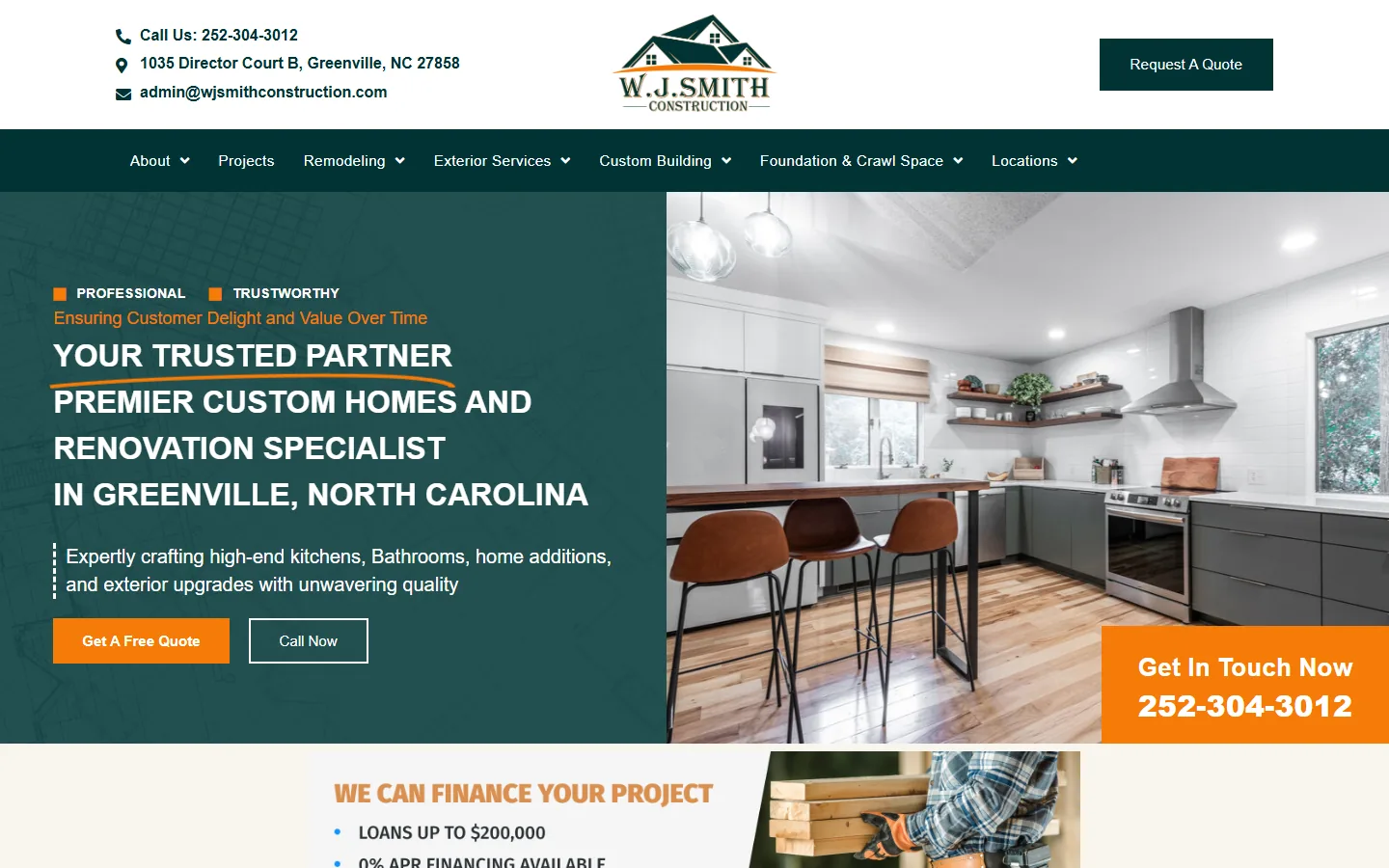 Homepage of the WJ Smith Construction website, showing a remodelled kitchen and the headline about premier custom homes and renovation in Greenville, North Carolina